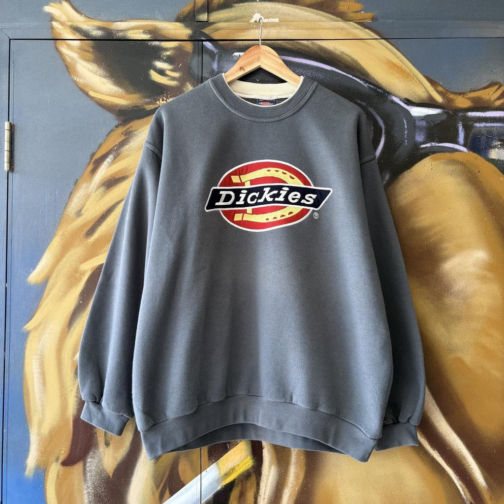 Vintage Dickies Sweatshirt Mens Large Blue Embroidered Patch Horseshoe Logo Pullover Jumper Top 90s Y2K 00s