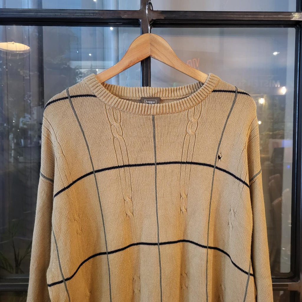 KNT200 - Vintage Retro Essential Mens multicoloured tan beige patterned argyle golf grandpa knitted cosby sweatshirt jumper crewneck true vintage 90s y2k