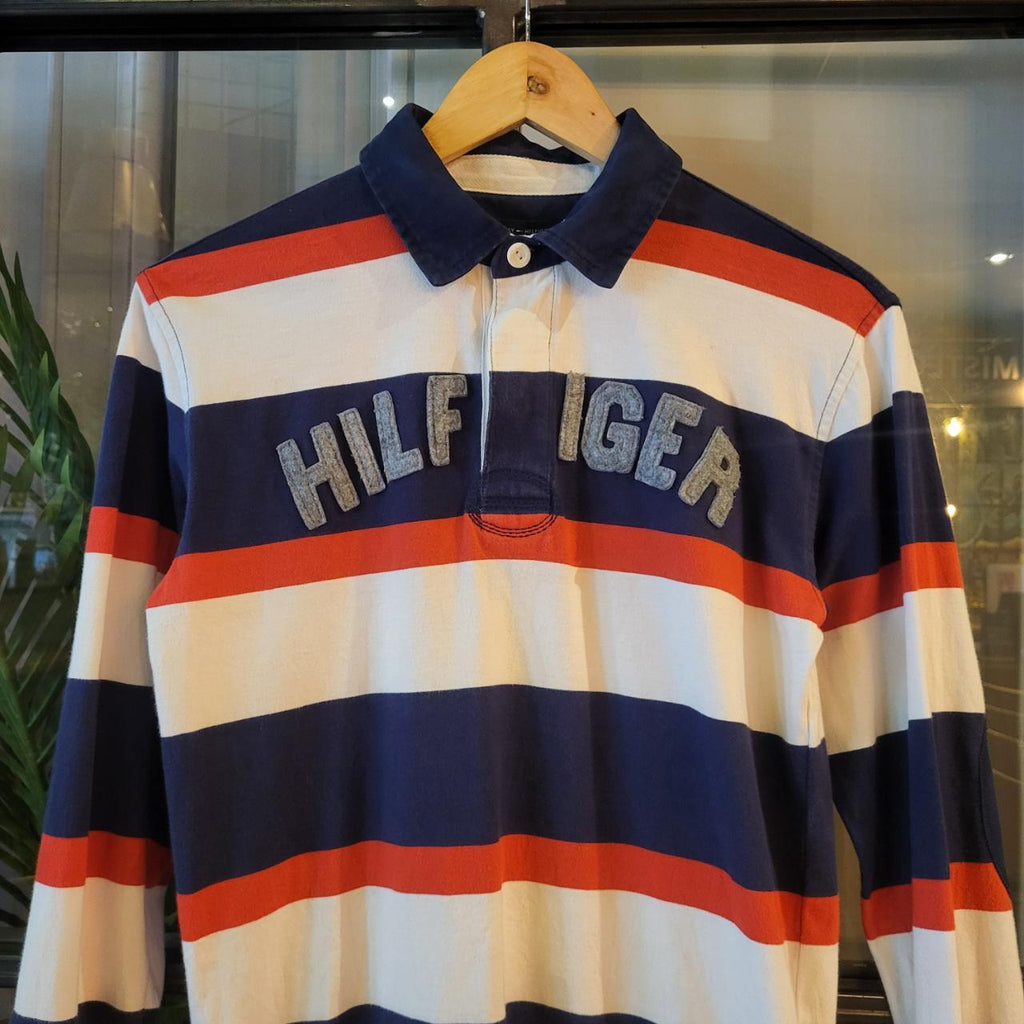 RTJ006 - Vintage retro essential mens Tommy Hilfiger longsleeve polo Rugby Jersey Collared sweatshirt jumper striped old money preppy with small embroidered horse chest logo smart casual 90s y2k style