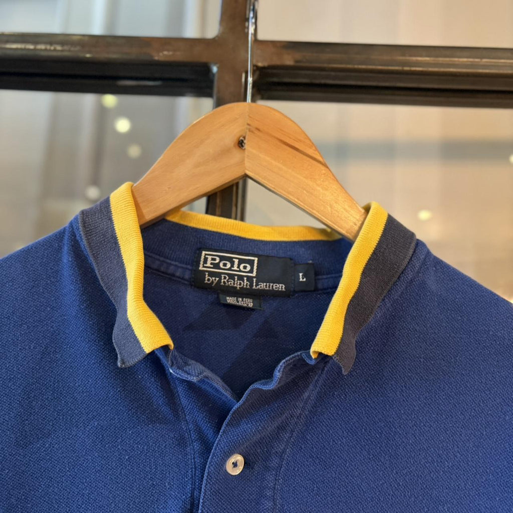POL573F-P - Vintage Retro Ralph Lauren Blue Polo Shirt Short Sleeve collared button up top with Embroiderd Big Pony Logo #Y2K #preppy #chiefkeef #oldmoney #ralphlauren