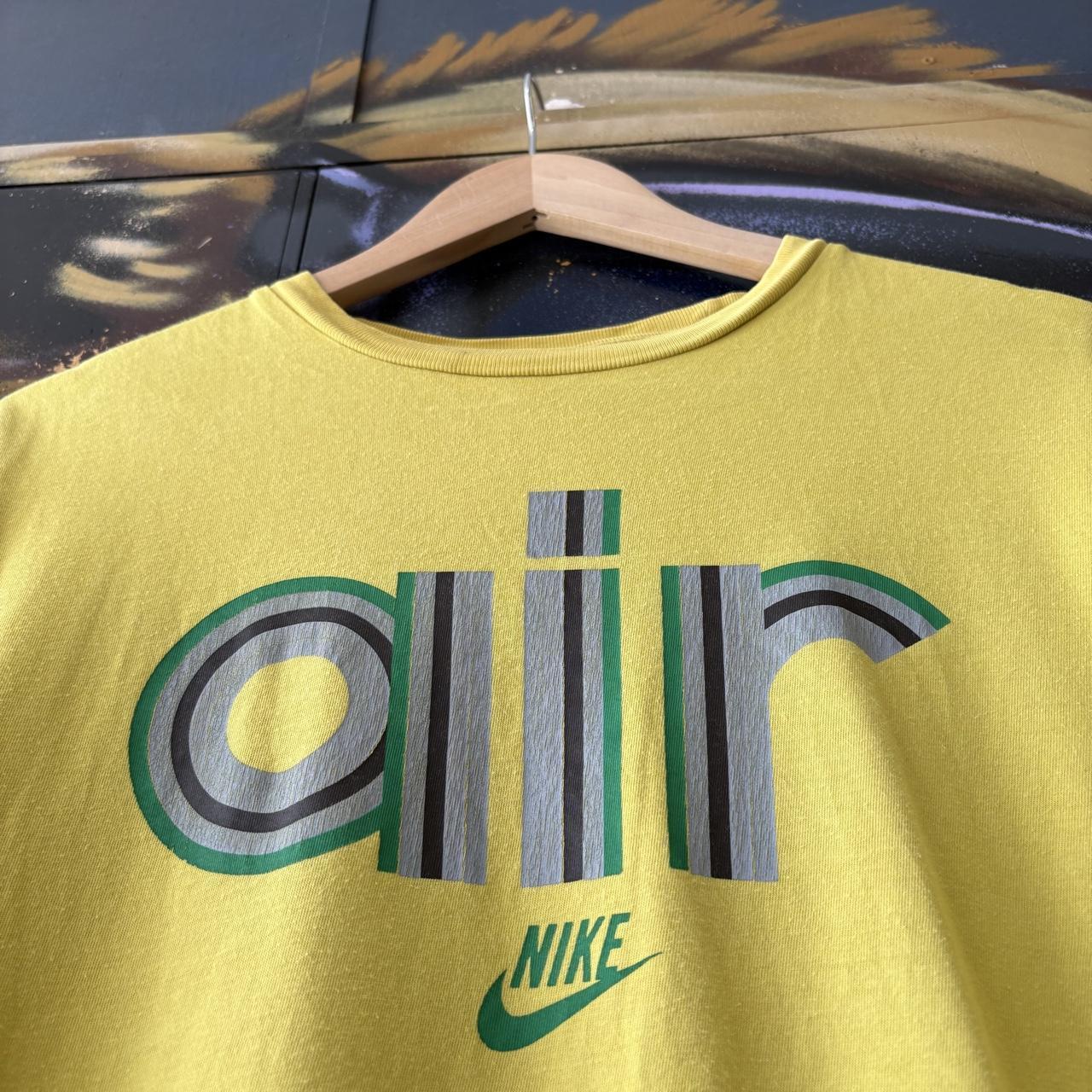 Vintage Nike Air T shirt Mens Small Yellow Stripe Block Spell Out Swoosh Graphic Print Joga Bonita Tee Top 90s Y2K 00s