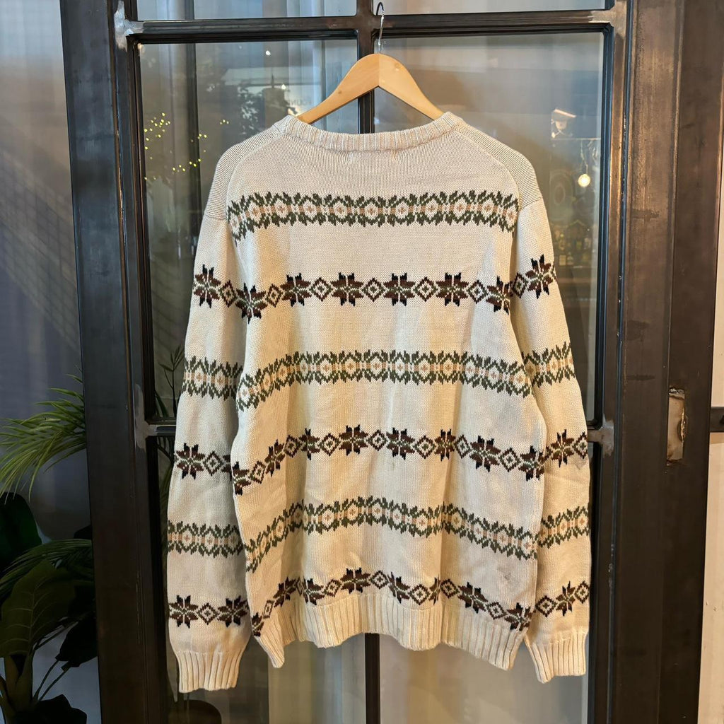 0325G97F - Vintage Retro Essential G.H. Bass Cream patterned argyle golf grandpa cosby sweatshirt crewneck knit Jumper #ghbass #knitjumper #90s #grandad #knitted
