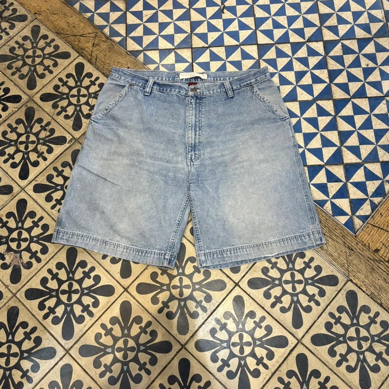 JRT117 - Vintage Retro Essential Sonoma Light Blue Wash Denim Shorts Jorts with detailed patch Logo carpenter workwear #hiphop #90s #jorts #skater #sonoma
