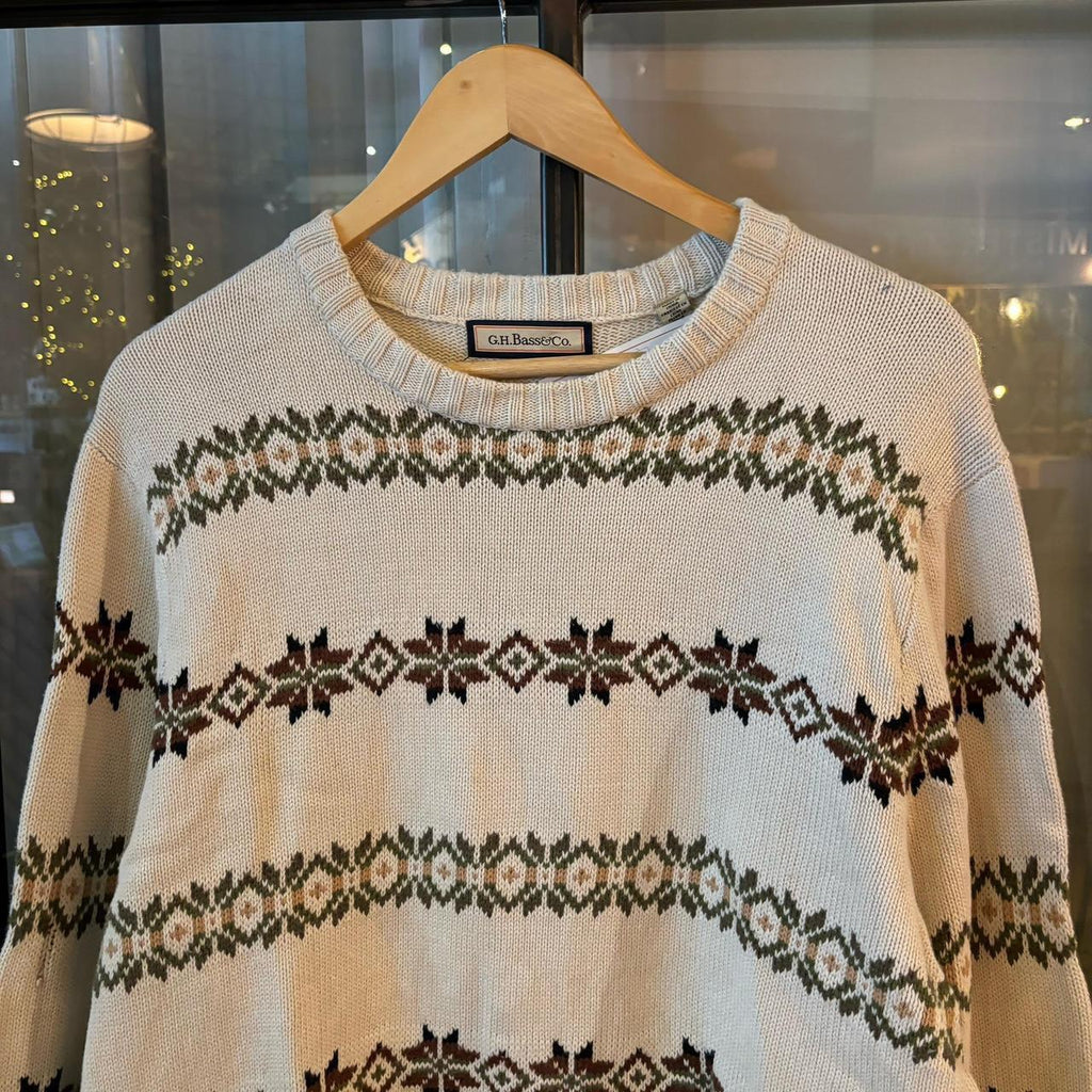 0325G97F - Vintage Retro Essential G.H. Bass Cream patterned argyle golf grandpa cosby sweatshirt crewneck knit Jumper #ghbass #knitjumper #90s #grandad #knitted
