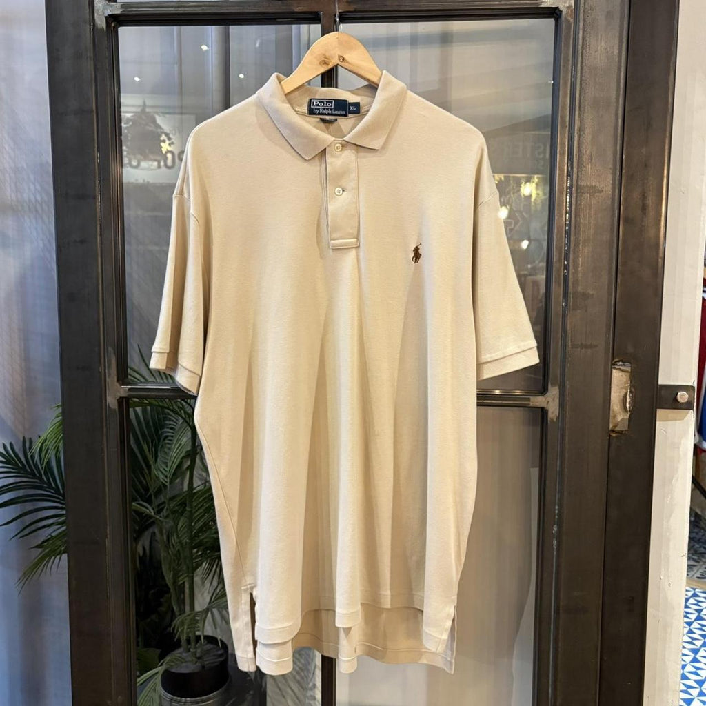 BR1912W-F - Vintage Retro Ralph Lauren Plain Beige Polo Shirt Short Sleeve collared button up top  #Y2K #preppy #chiefkeef #oldmoney #ralphlauren