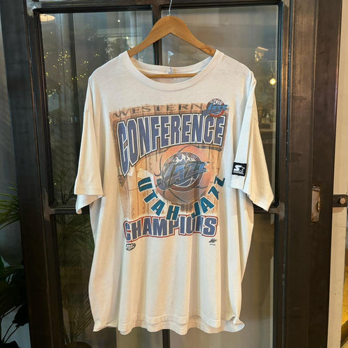 0325A70UP1 - Vintage Retro Essential White NBA Utah Jazz Western Conference Champions 1997 Single Stitch Graphic Print Top Tee T-shirt on starter tag #90s #basketball #nba #utahjazz #starter