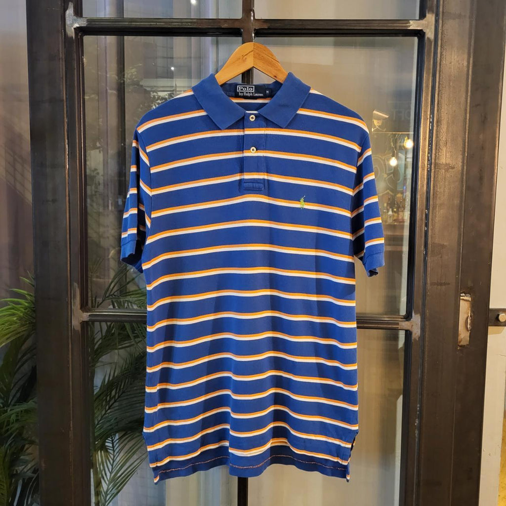 POL081 - Vintage Ralph Lauren blue White Stripe Polo Shirt Short Sleeve collared button up top #Y2K #preppy #chiefkeef