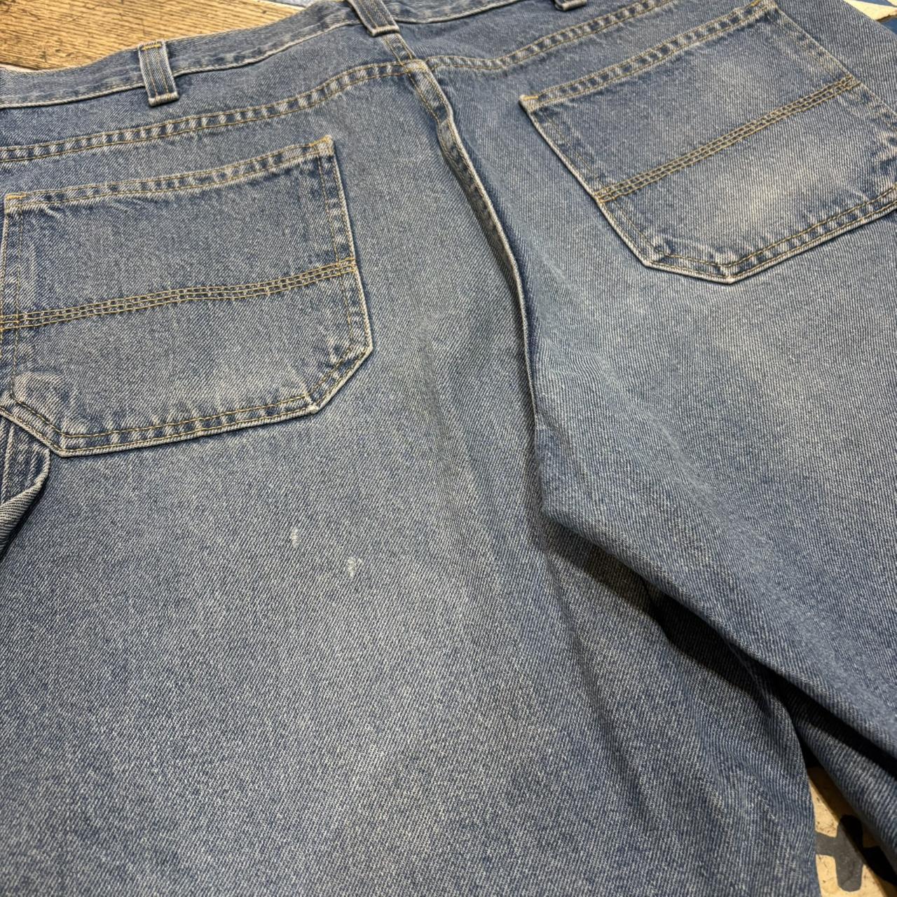 JRT134 - Vintage Retro Essential Mid Blue Wash Denim Shorts Jorts with detailed patch Logo carpenter workwear #hiphop #90s #jorts #skater