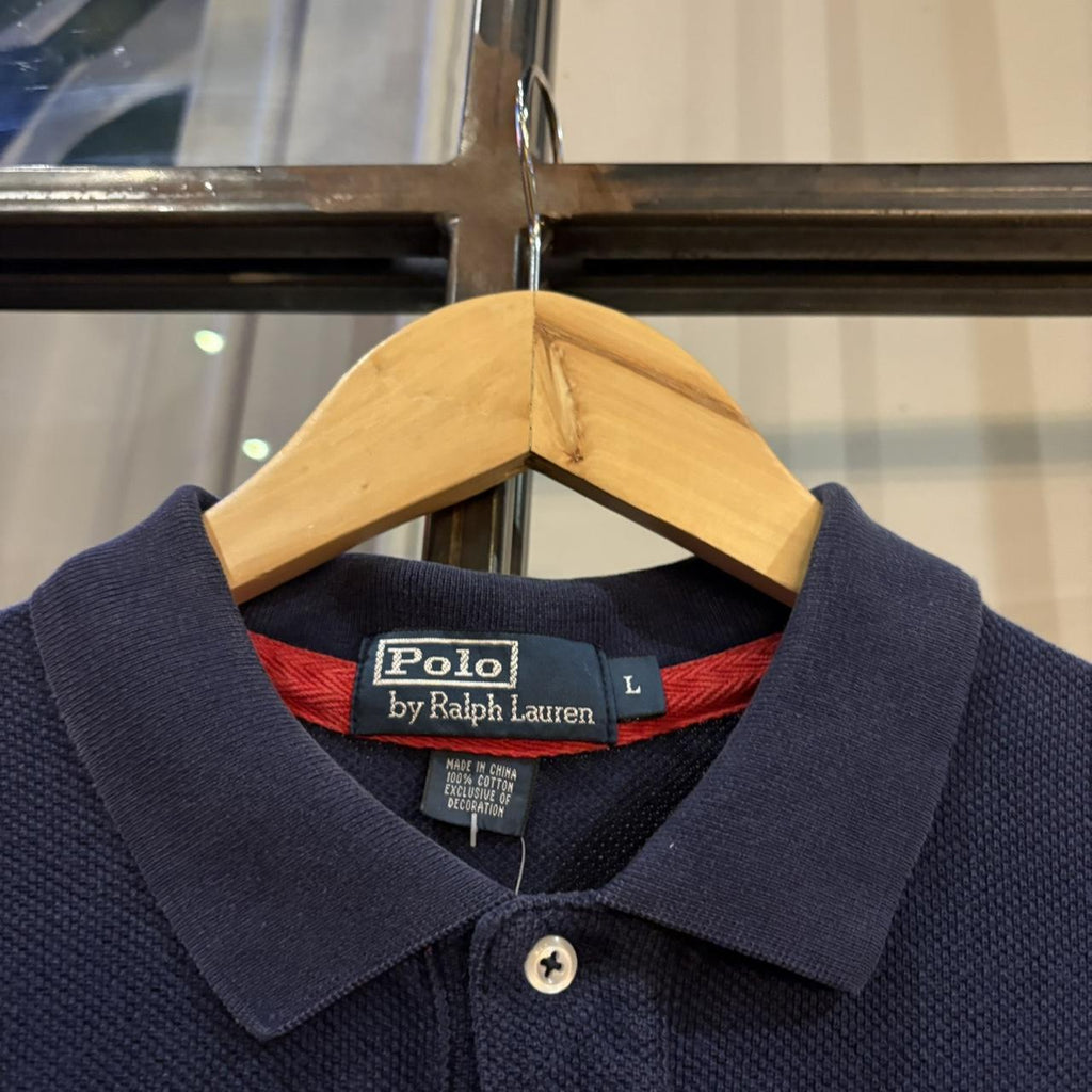 POL182P-F - Vintage Retro Ralph Lauren Navy and Red Two Block Polo Shirt Short Sleeve collared button up top  #Y2K #preppy #chiefkeef #oldmoney #ralphlauren