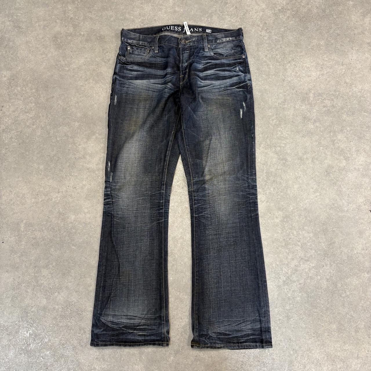 Vintage Guess Jeans Mens 36x34 Blue Denim Wash Ripple Patina Bootcut Embroidered Trousers 2000s 00s Y2K