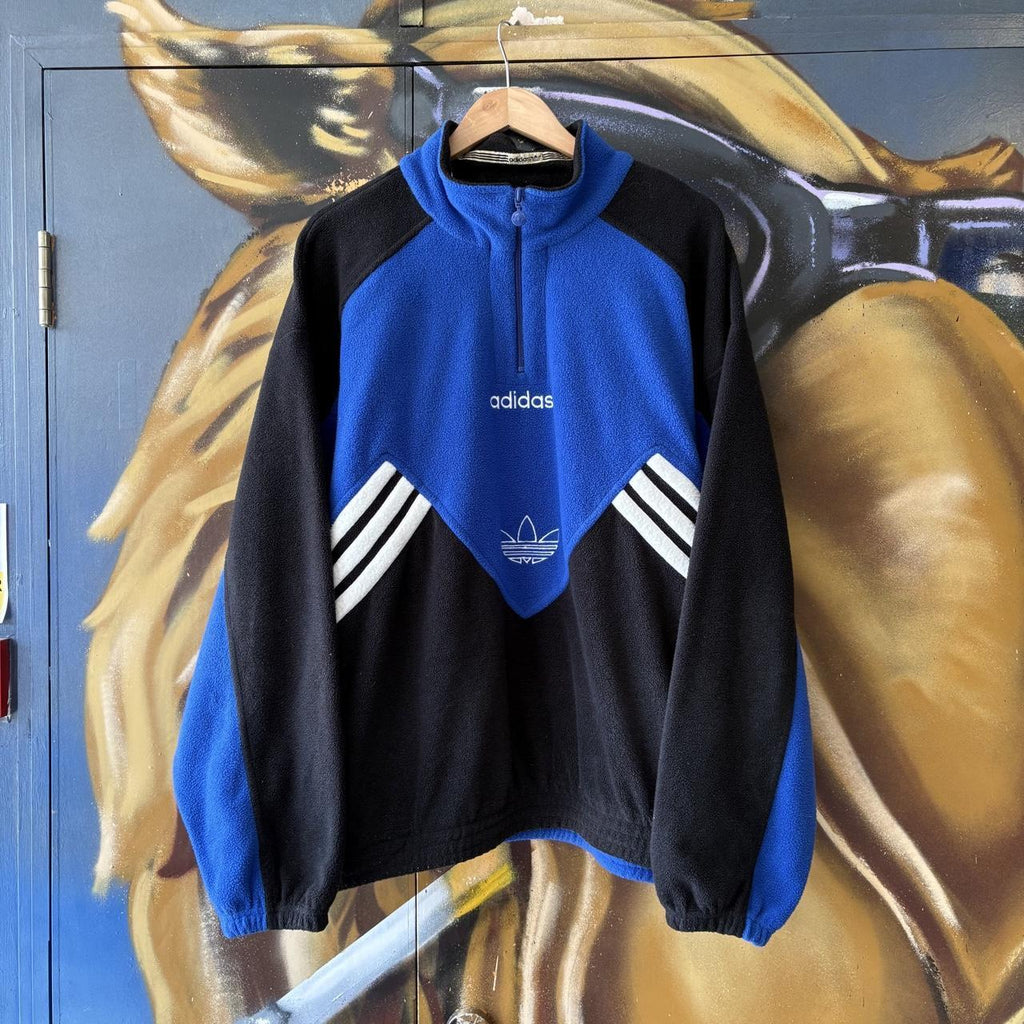 Vintage Adidas Originals Sweatshirt Mens Large Blue Black 1/4 Zip Fleece Pullover Jumper Top 90s Y2K 00s