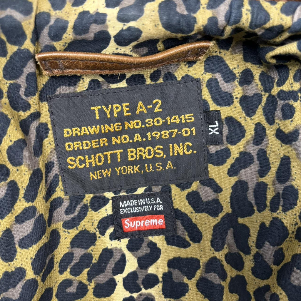 Essential Brown Schott USA x Supreme New York skate leopard print lining type A2 Bomber real cowhide leather flight pilot jacket coat 2015 release with tab as seen