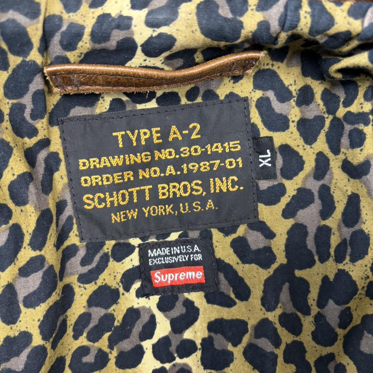 Essential Brown Schott USA x Supreme New York skate leopard print lining type A2 Bomber real cowhide leather flight pilot jacket coat 2015 release with tab as seen