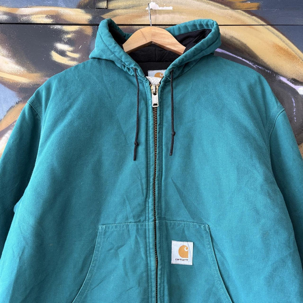 Vintage Carhartt Active Jacket Mens XL Aqua Green J04 AQU Hooded Full Zip Canvas Heavyweight Carhartt Style Coat 90s Y2K
