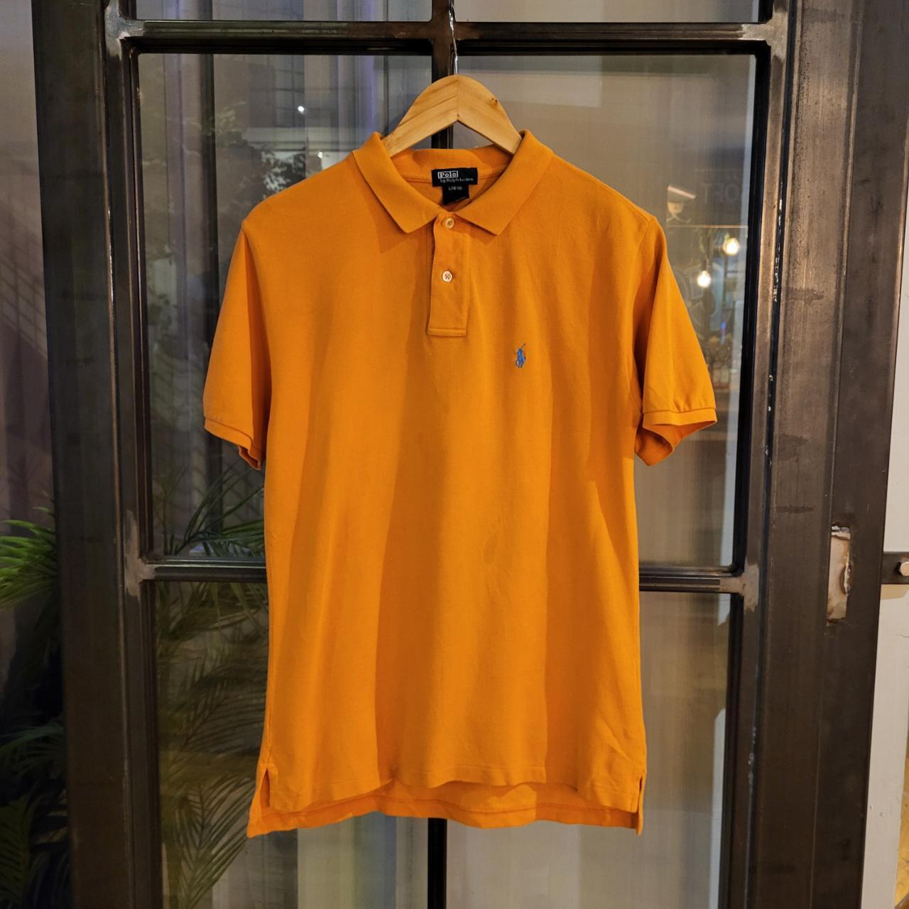 POL091-P - Vintage Ralph Lauren Orange Polo Shirt Short Sleeve collared button up top 90s Y2K Old Money Preppy Smart Casual style with embroidered spellout graphic logo of the iconic pony horse on chest