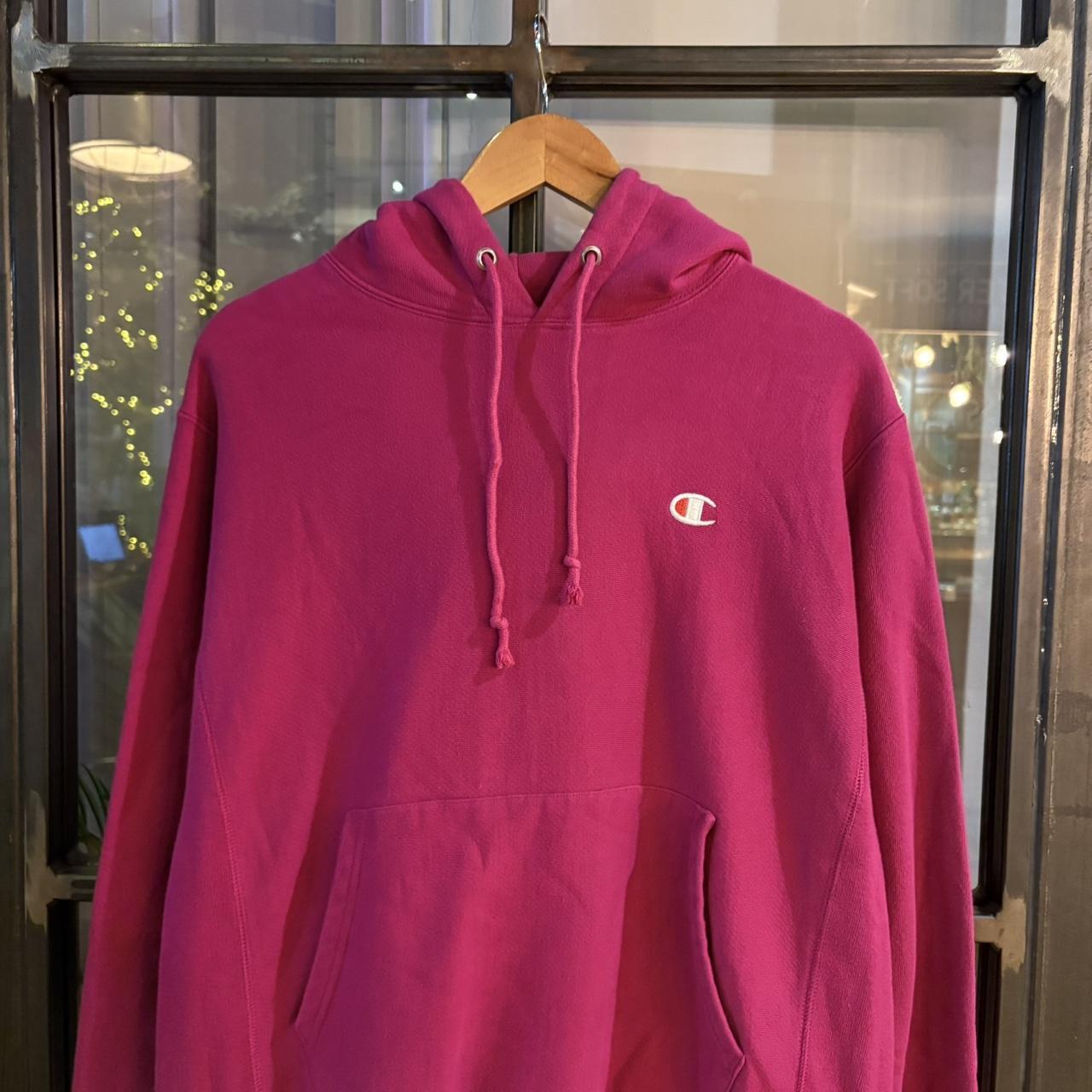 SWT365 - Vintage Retro Essential Champion Pink Hoodie Jumper Sweatshirt with big spellout embroidered logo #90s #sportswear #essential #champion #y2k