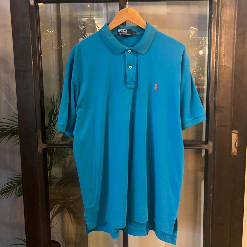 POL471F - Vintage Retro Ralph Lauren Plain Blue Polo Shirt Short Sleeve collared button up top  #Y2K #preppy #chiefkeef #oldmoney #ralphlauren