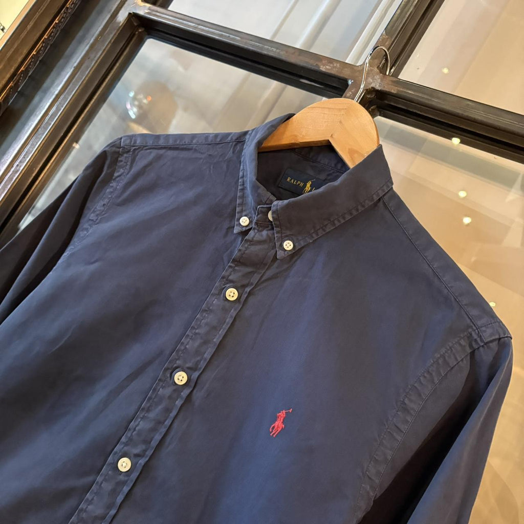 RLS241-P - Vintage Ralph Lauren Plain Navy Longsleeve collared button up polo shirt top #Y2K #preppy #chiefkeef #smartcasual #oldmoney