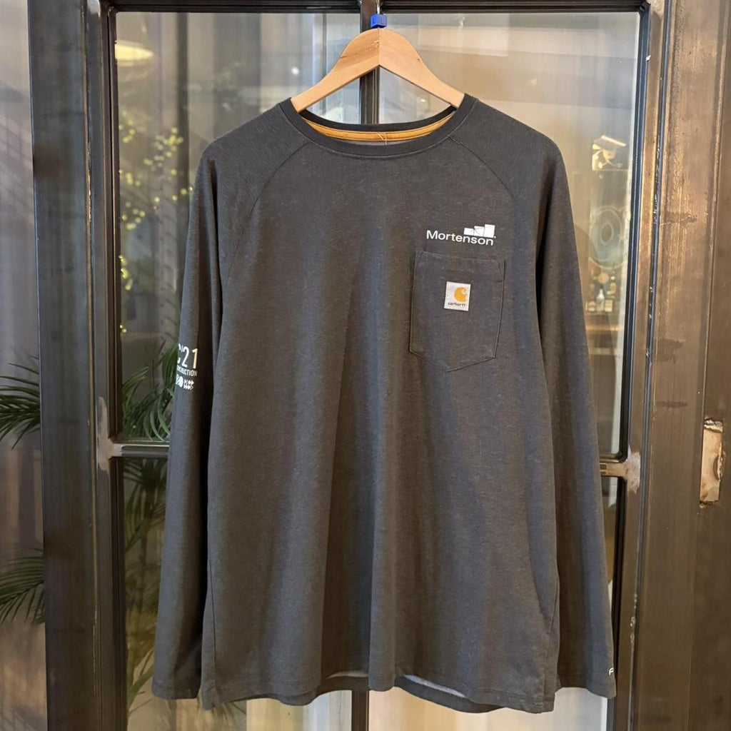 TEE526F - Vintage Retro Essential Grey Carhartt Pocket Longsleeve Top Tee T-shirt with embroidered patch logo #skater #workwear  #carhartt #y2k #longsleeve