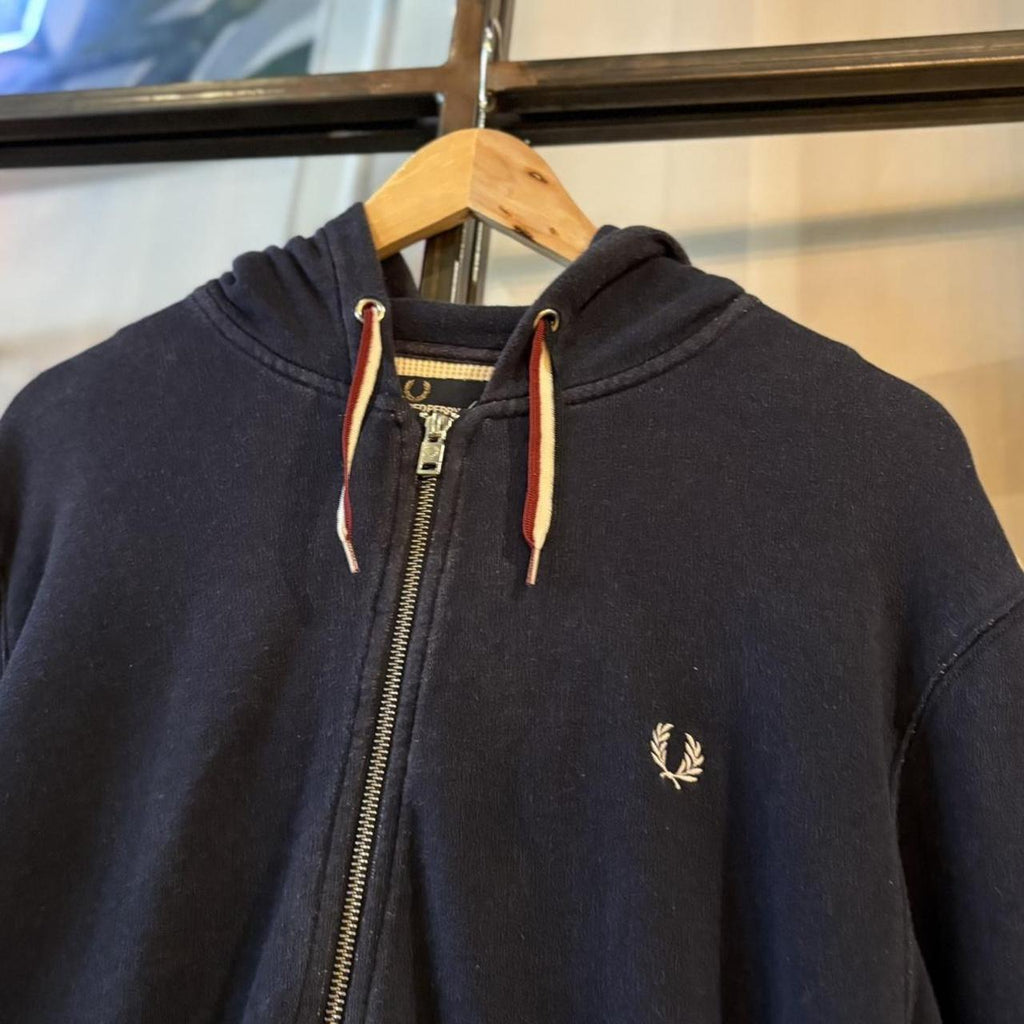 Vintage Retro Essential Navy Fred Perry Full Zip Up Sweatshirt Hoodie with embroidered logo #british #sportswear #essential #fredperry #y2k