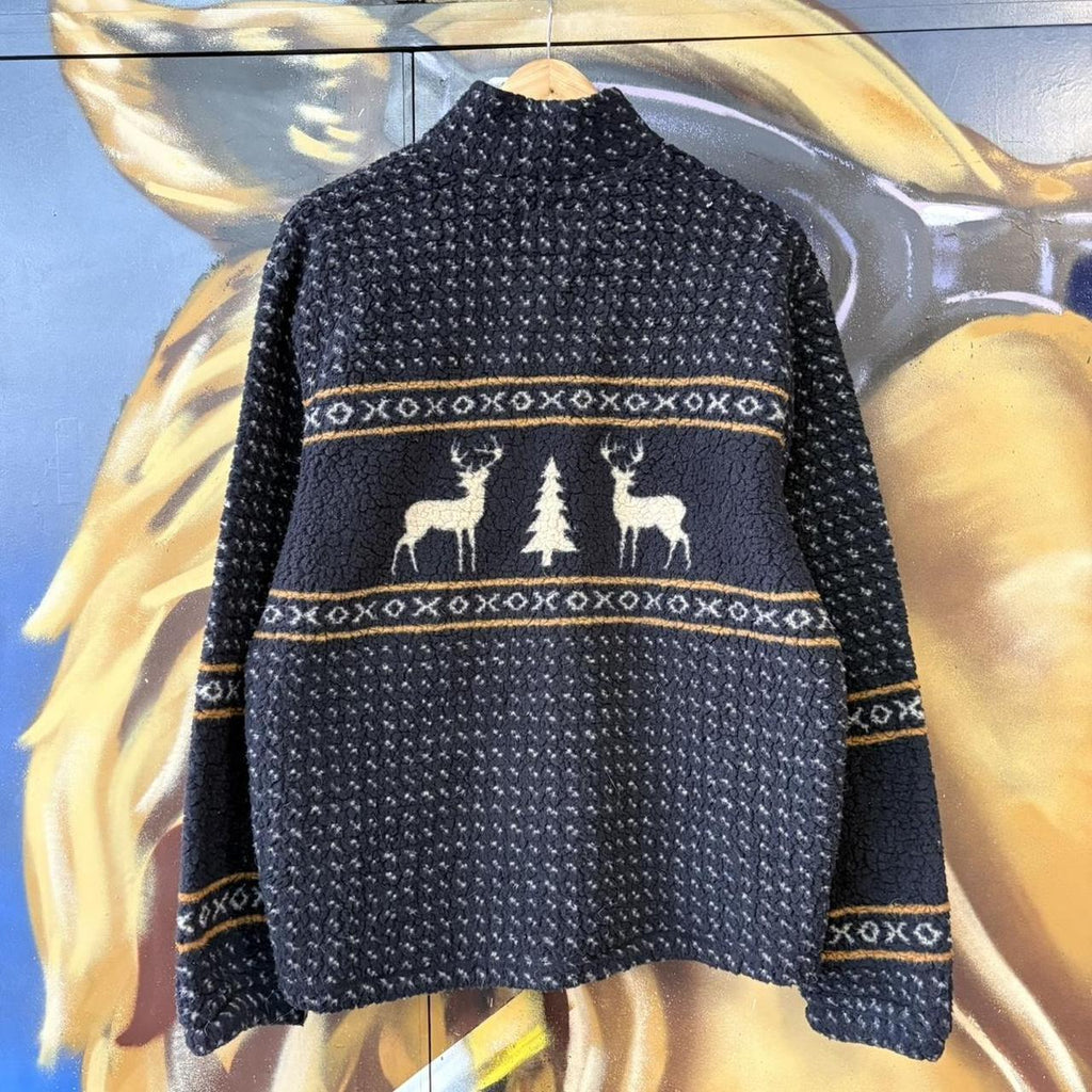 BR2701DH-U - Vintage retro essential Old Navy Blue 1/4 quarter zip up outdoor pattern deer sweatshirt  fleece jacket #pullover #outdoor #hike #deer #climbing