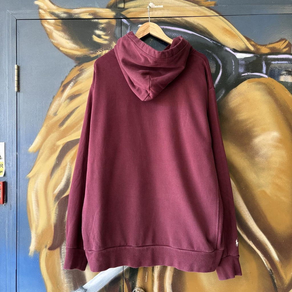 Vintage Polo Ralph Lauren Hoodie Mens XL Burgundy Big Centre Patch Logo Sweatshirt Jumper Preppy Old Money Top 90s Y2K 00s