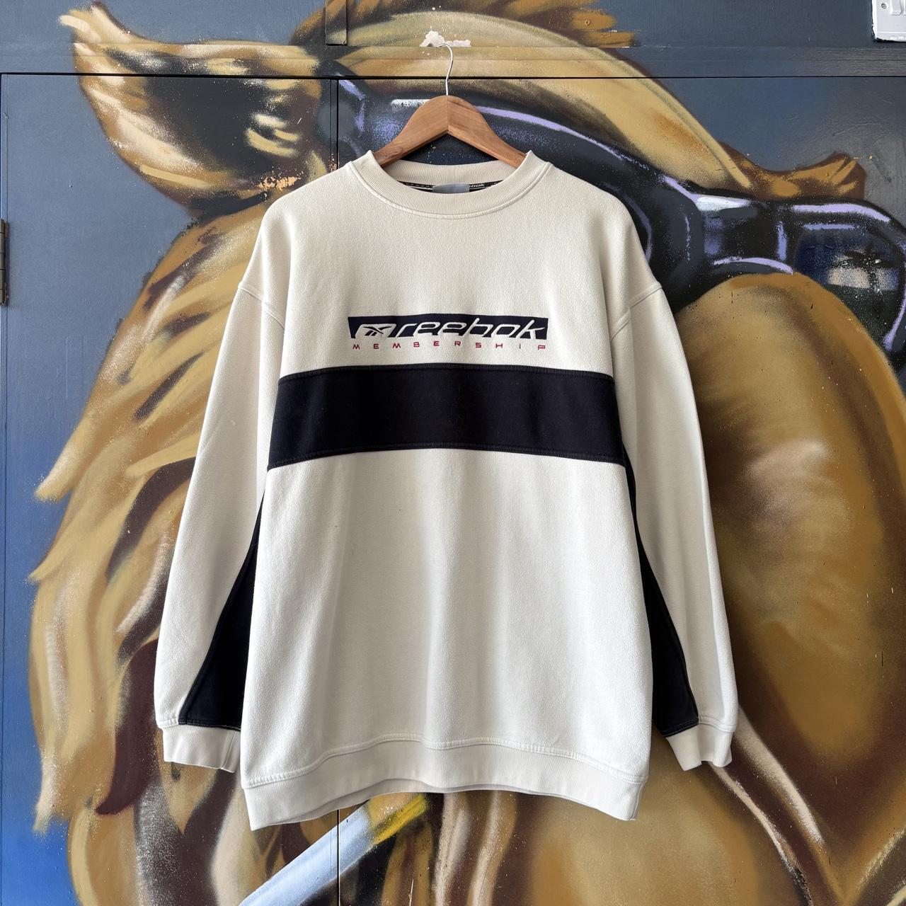 Vintage Reebok Sweatshirt Mens Medium Beige Membership Streetwear Pullover Jumper Top 90s Y2K 00s