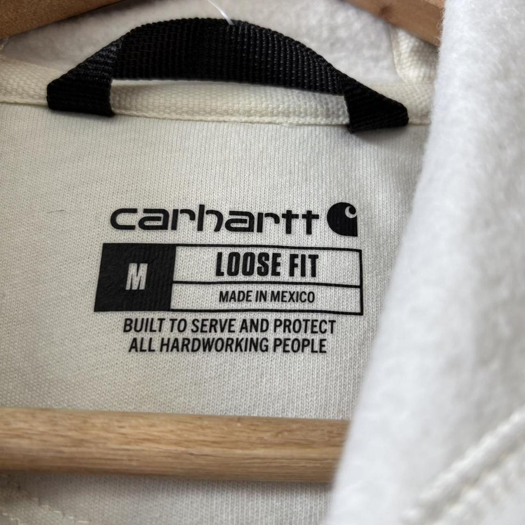 Carhartt WIP Hoodie Mens Medium Cream Logo Graphic Spellout Sweatshirt Streetwear Skate Jumper Top 90s Y2K