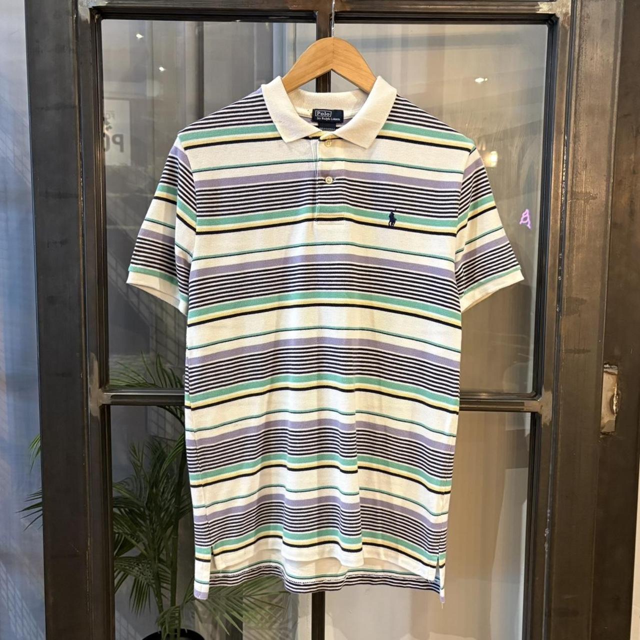 POL590-P - Vintage Retro Ralph Lauren White and Pastel Striped Polo Shirt Short Sleeve collared button up top  #Y2K #preppy #chiefkeef #oldmoney #ralphlauren