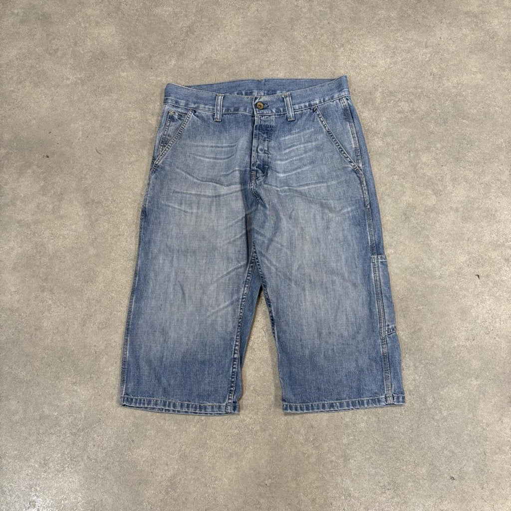 Vintage Levi’s Jorts Mens 33” Blue Wash Denim Super Long Below Knee Jean Shorts Baggy Wide Leg Skate Surf Hip Hop 00s Y2K