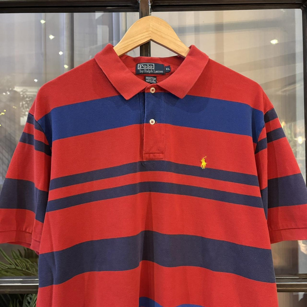 BR1912ADH-P - Vintage Retro Ralph Lauren Red and Blue Striped Polo Shirt Short Sleeve collared button up top  #Y2K #preppy #chiefkeef #oldmoney #ralphlauren
