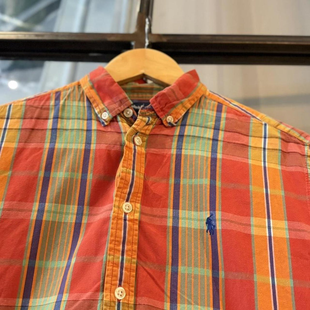 Vintage Ralph Lauren Orange Check Polo Shirt Short Sleeve collared button up top  #Y2K #preppy #chiefkeef #oldmoney #ralphlauren