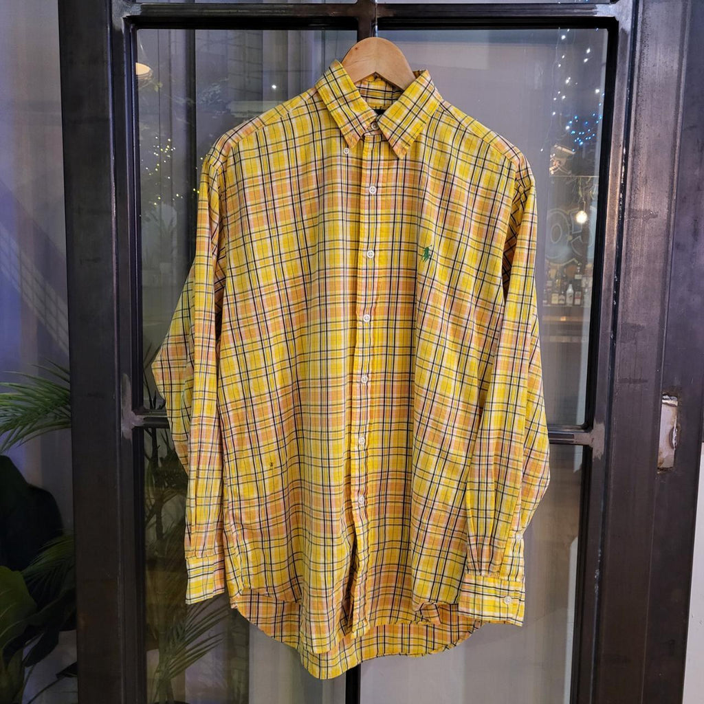 RLS020-P - Vintage Ralph Lauren Yellow Checkered Button Up Shirt Longsleeve collared top #Y2K #preppy #smartcasual #golf #oldmoney