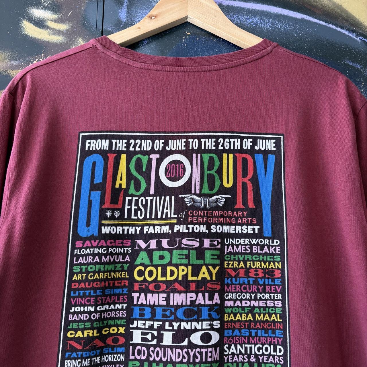 Vintage Glastonbury 2016 Tshirt Mens XL Maroon Red Tour Merch Music Festival Art Tee Top Y2K 2000s