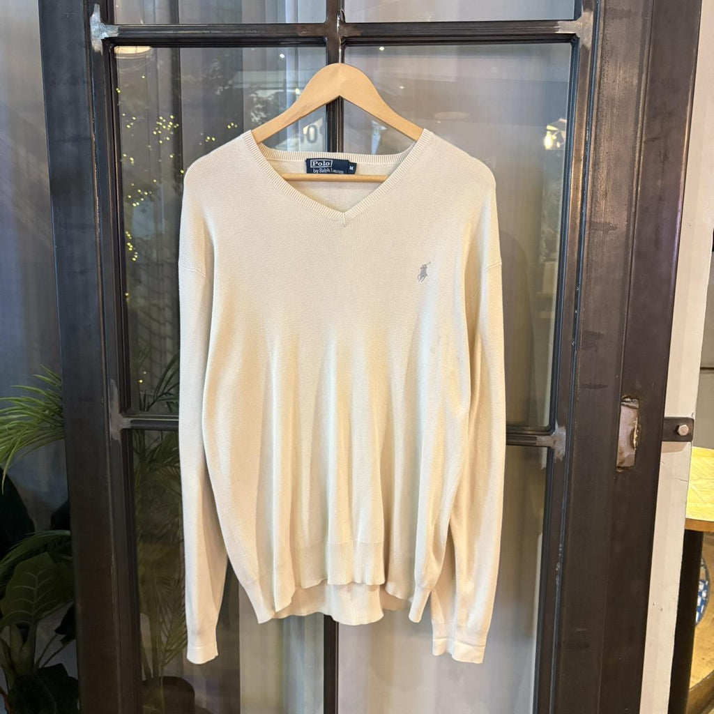 SWT574BR - Vintage Retro Essential Beige Polo Ralph Lauren sweatshirt v-neck knit Jumper #poloralphlauren #preppy #knitjumper #knitted