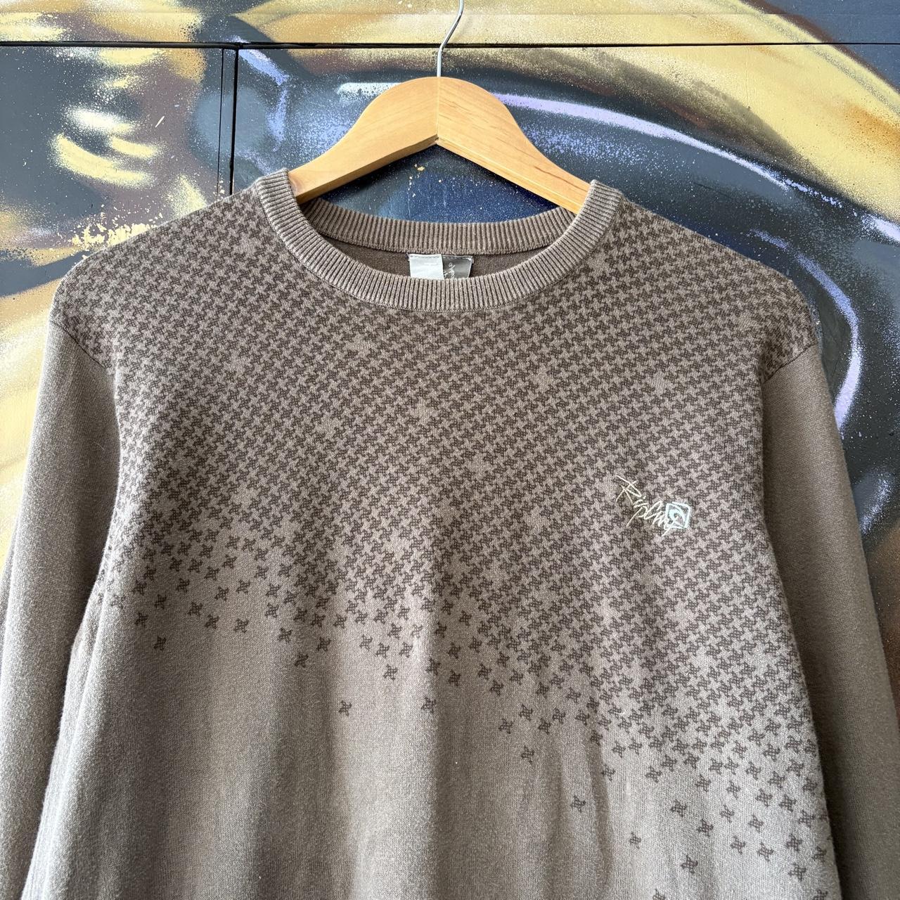 Vintage Ripcurl Sweatshirt Mens Medium Brown Cross Stitch Pattern Graffiti Script Embroidered Logo Knit Jumper Surf Top 90s Y2K 00s