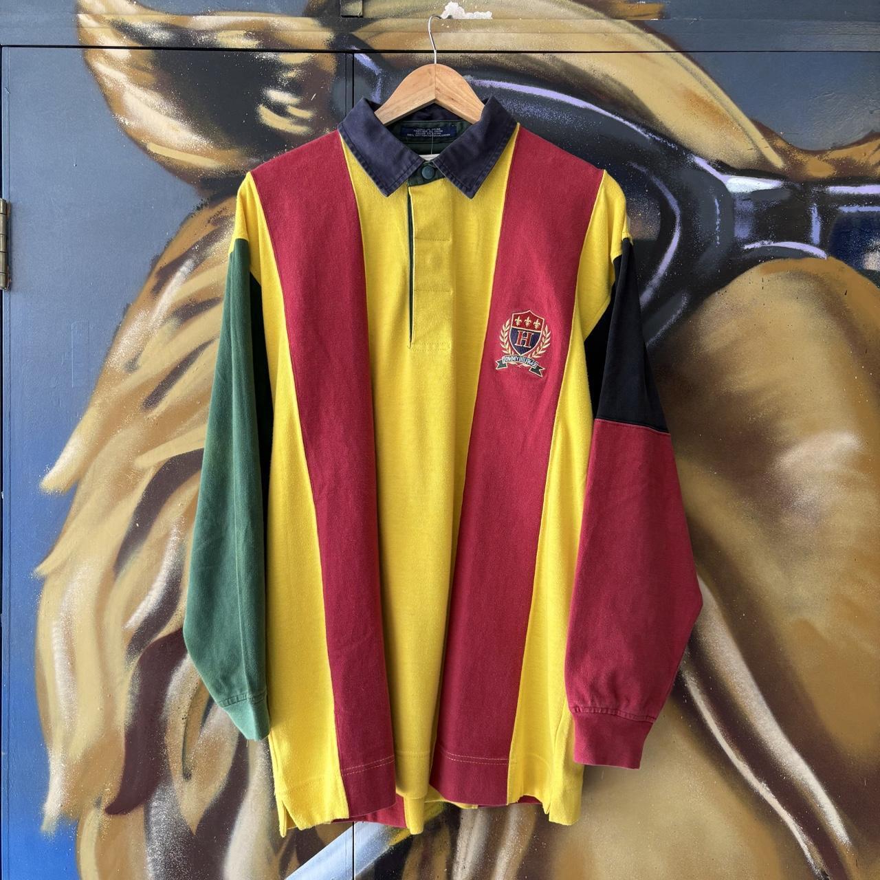 Vintage Tommy Hilfiger Rugby Jersey Red Yellow Striped Preppy Pony Logo Collared Button Up Top Y2K 90s