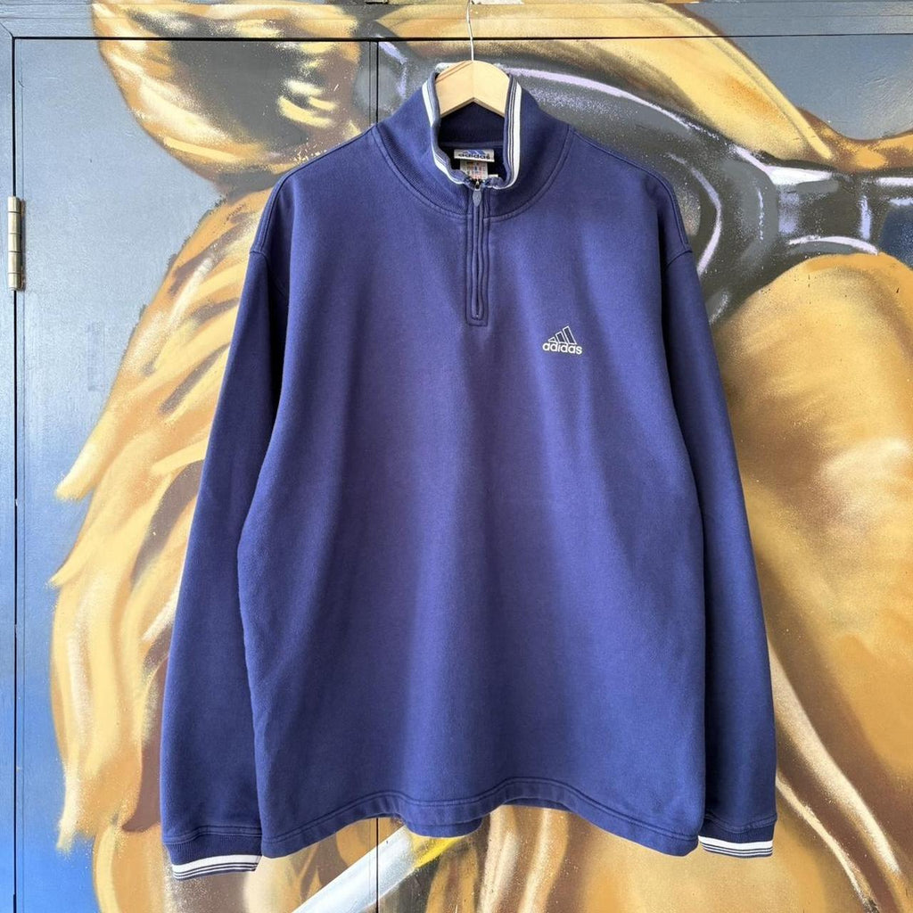 MES1102FO-P - Vintage Retro Essential Blue Adidas 1/4 Zip Fleece Jumper Sweatshirt with embroidered logo #90s #sportswear #essential #y2k #adidas