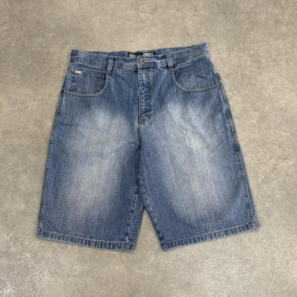 Vintage Blue Wash Southpole Jorts Mens 38” Baggy Wide Leg Skate Surf Denim Jean Shorts Hip Hop Streetwear Y2K