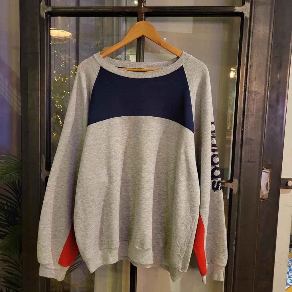 SWT335 - Vintage Retro Essential adult Adidas Grey, Navy and Red sweatshirt with graphic print spellout chest logo 90s y2k style wide boxy fit #adidas #Jumper #crewneck #casual #y2k