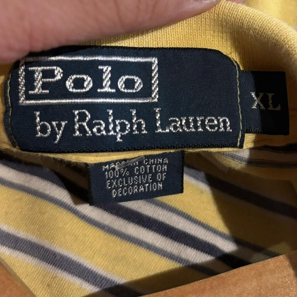 Vintage Retro Ralph Lauren Butter Pale Yellow and Light Blue Striped Polo Shirt Short Sleeve collared button up top  #Y2K #preppy #chiefkeef #oldmoney #ralphlauren