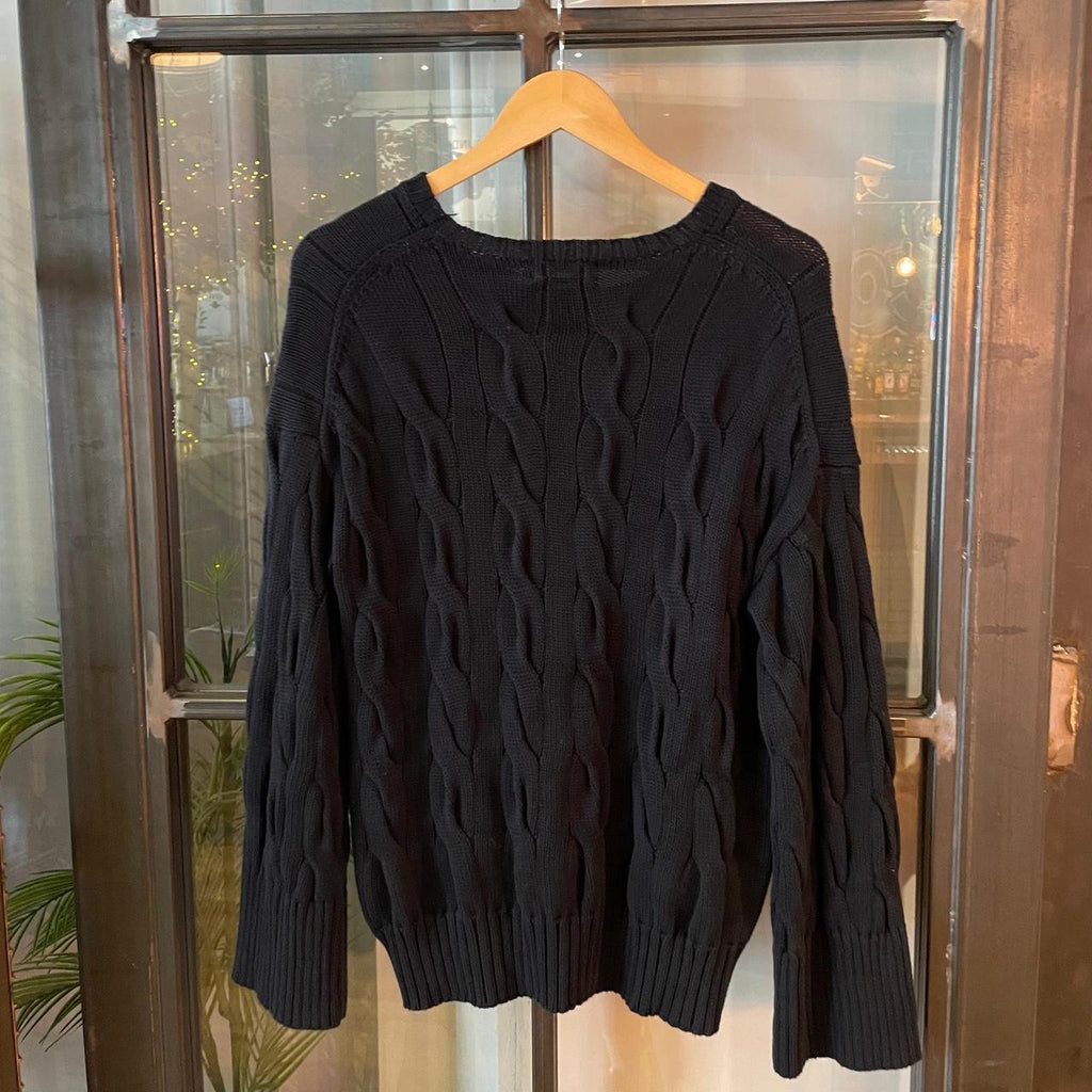 0325D48F -  Vintage Retro Essential Black Polo Ralph Lauren Cable knit textured plain fisherman golf grandpa cosby sweatshirt crewneck knit Jumper #cableknit #knitjumper #fisherman #preppy #poloralphlauren