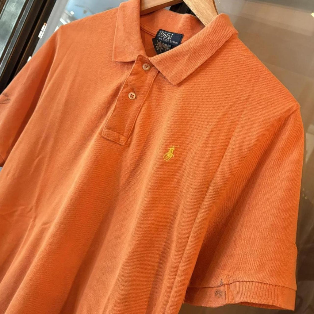 POL394-F - Vintage Retro Ralph Lauren Orange Plain Polo Shirt Short Sleeve collared button up top  #Y2K #preppy #chiefkeef #oldmoney #ralphlauren
