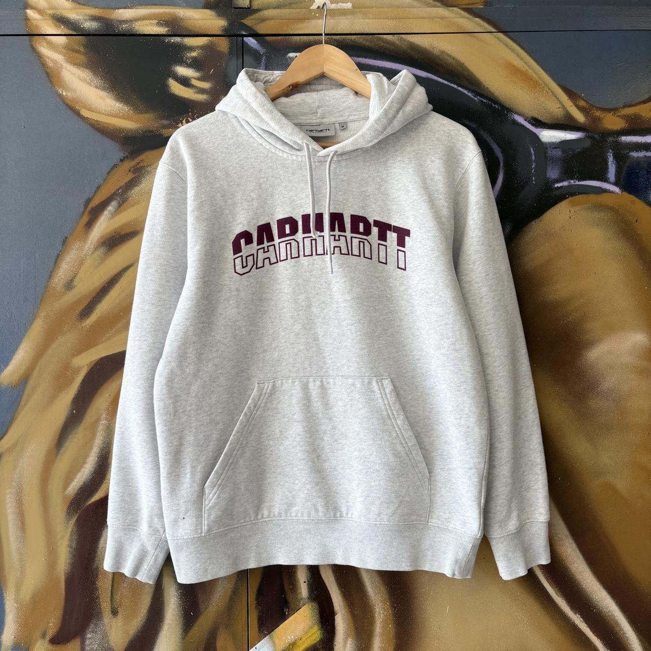 Carhartt WIP Hoodie Mens Medium Grey District Logo Graphic Print Sweatshirt Pullover Jumper Top 90s Y2K 00s