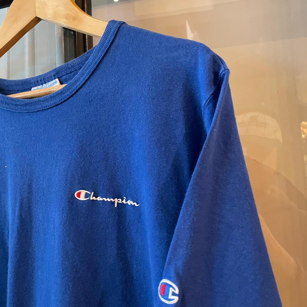 0125A57P - Vintage Retro Essential Blue Champion Embroidered Chest Script Logo Top Tee T-shirt #90s #champion #top #essential #basic