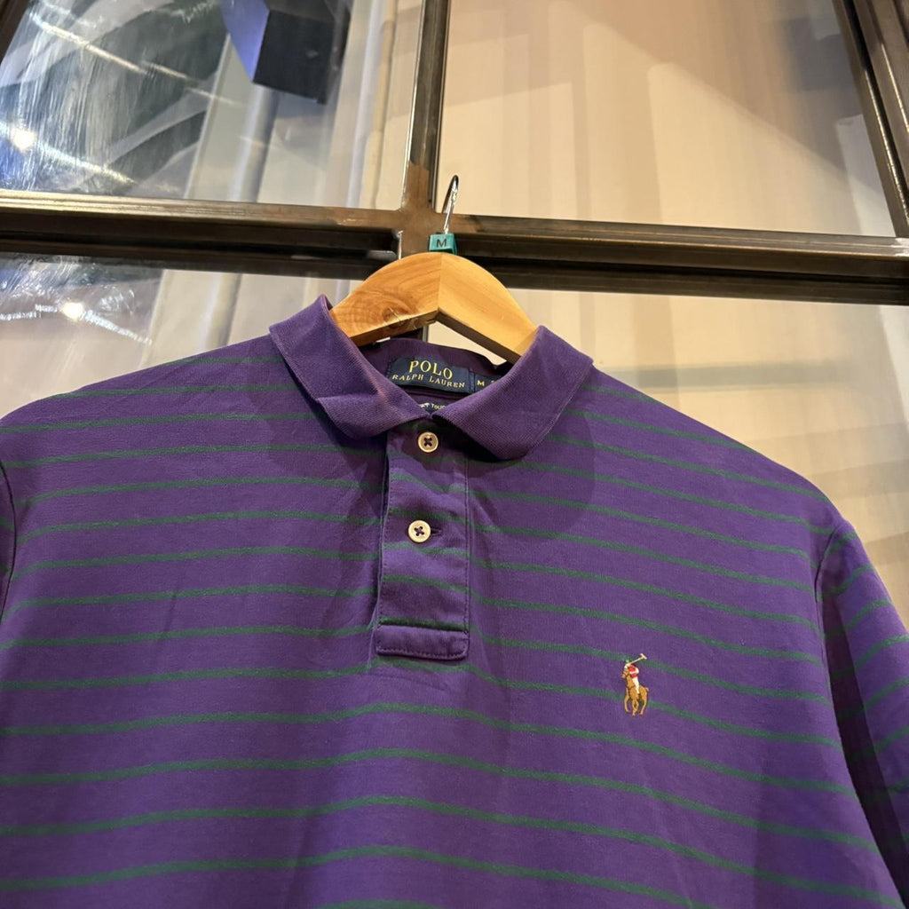 BR1209ML-F - Vintage Retro Ralph Lauren Purple and Green Striped Polo Shirt Short Sleeve collared button up top  #Y2K #preppy #chiefkeef #oldmoney #ralphlauren