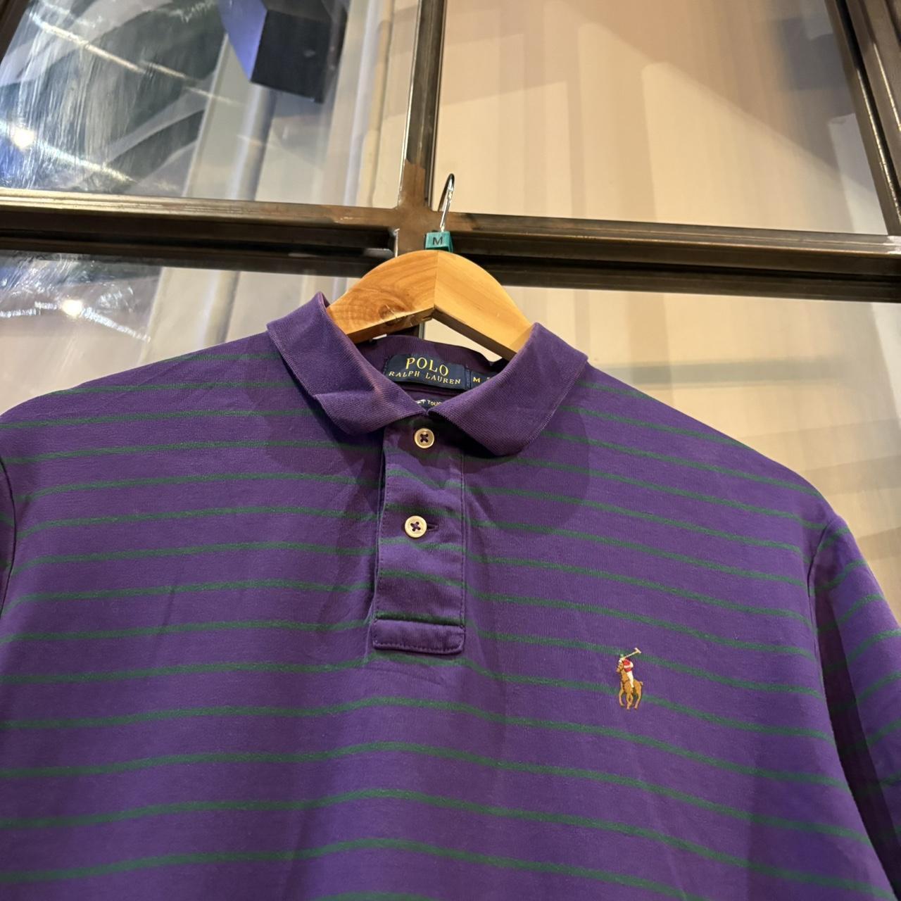 BR1209ML-F - Vintage Retro Ralph Lauren Purple and Green Striped Polo Shirt Short Sleeve collared button up top  #Y2K #preppy #chiefkeef #oldmoney #ralphlauren