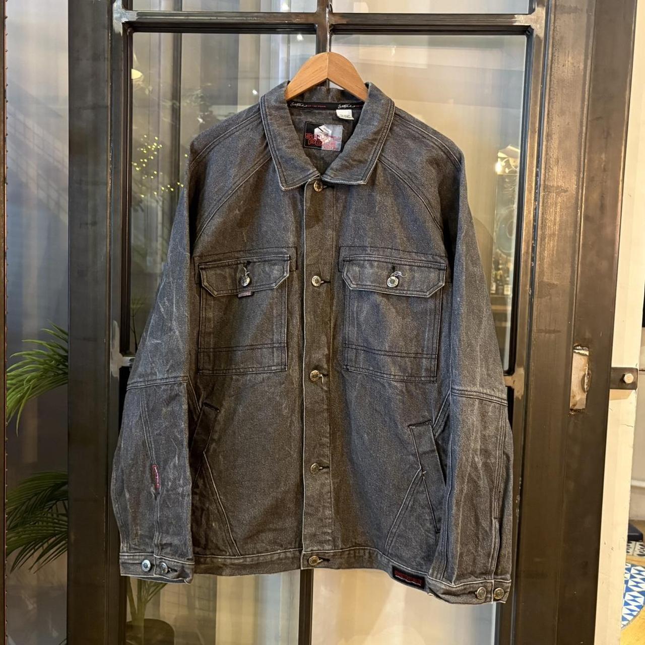 0325GE84F - Vintage Retro Essential South Pole Grey Wash Button Up Denim Jacket with embroidered patch logos and back graffiti print #denimjacket #denim #hiphop #y2k #southpole