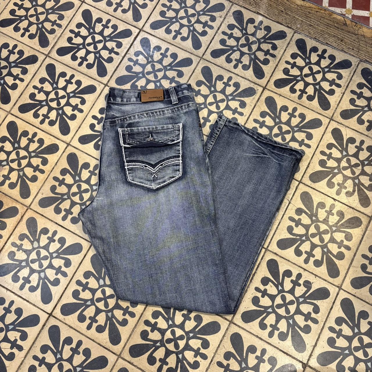 TRW367 - Vintage retro essential Flypaper Blue Wash Denim boot cut Jeans Trousers pants casual workwear skate #denim #bootcut #flypaper #cowboy #y2k