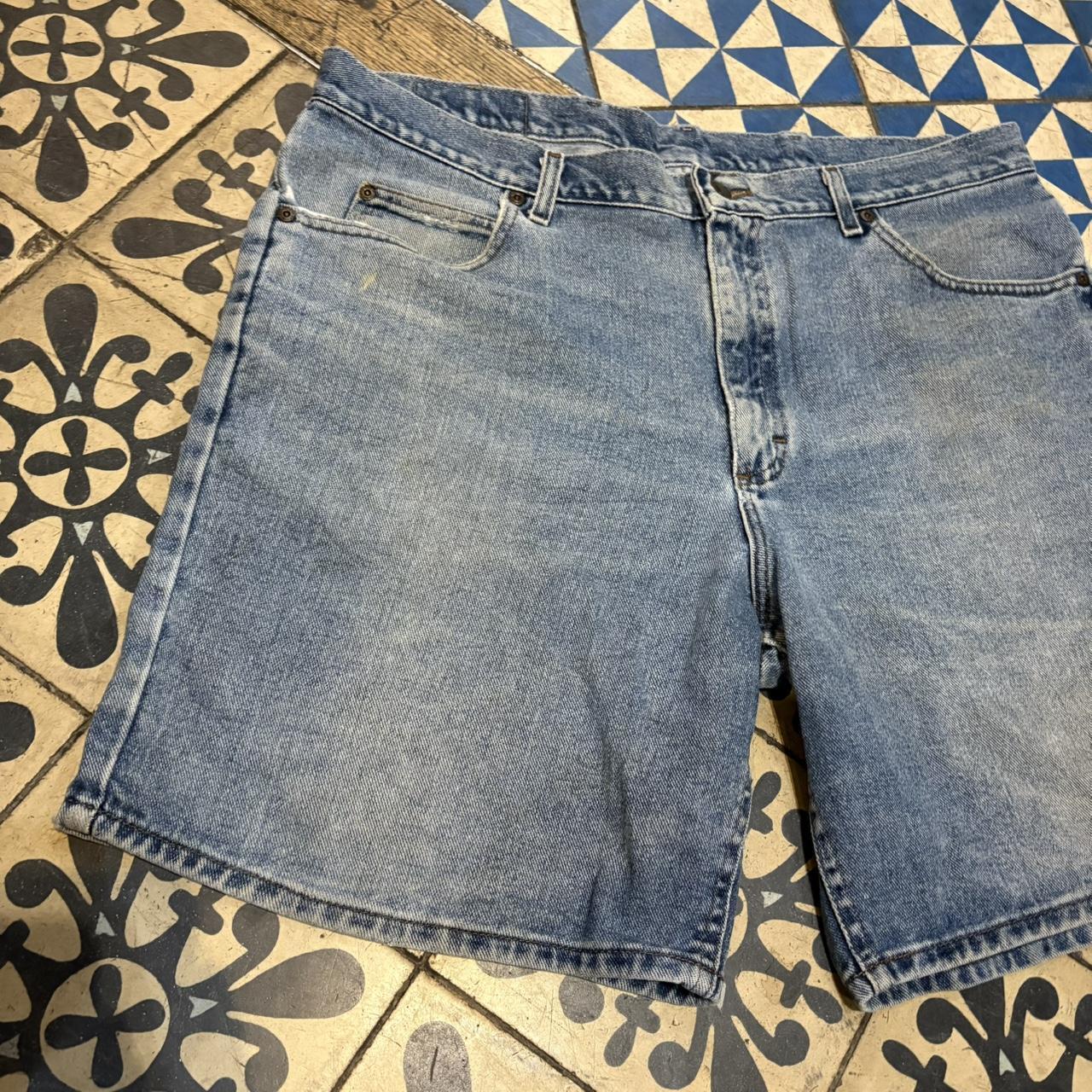 JRT108 - Vintage Retro Essential Rider Mid Blue Wash Denim Shorts Jorts with detailed patch Logo carpenter workwear #hiphop #90s #jorts #skater